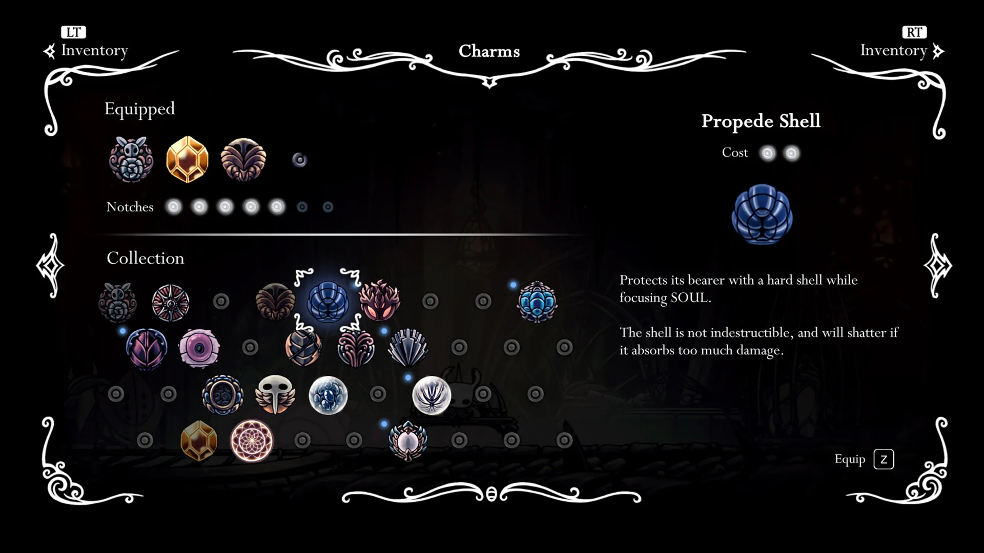 Menu des charmes de Hollow Knight, utile pour les fins