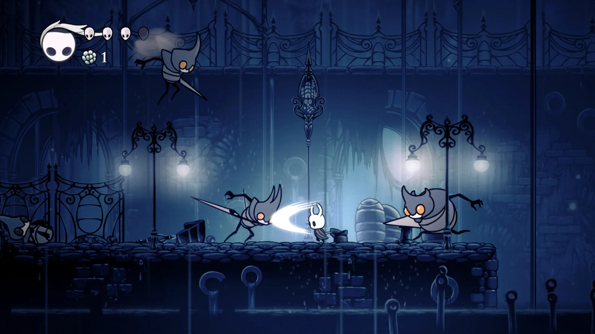 Le Chevalier affronte des gardes dans la Cité des Larmes, Hollow Knight fins