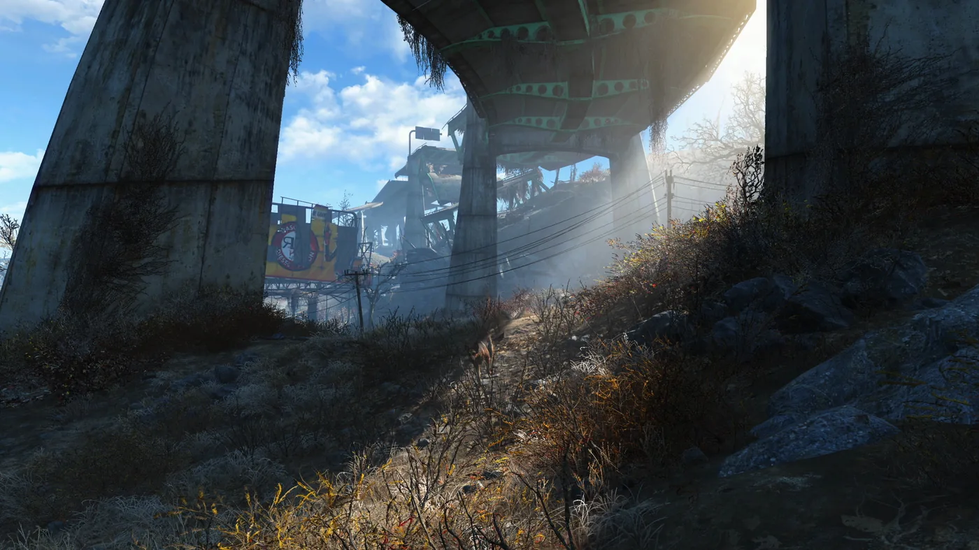 Carte du Commonwealth Fallout 4 : autoroute surélevée en ruine et panneau Red Rocket