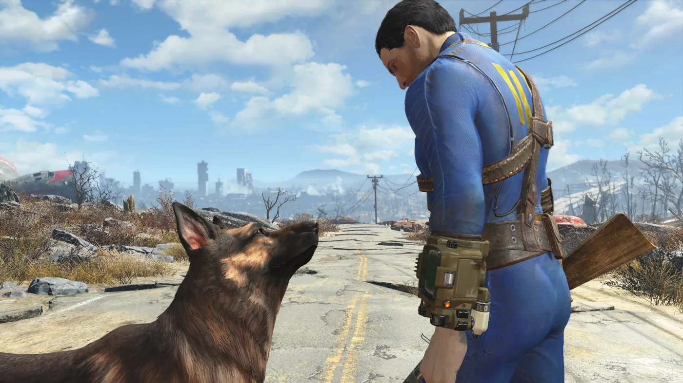 Terres du Commonwealth Fallout 4 : Survivant unique et Dogmeat face aux ruines de Boston