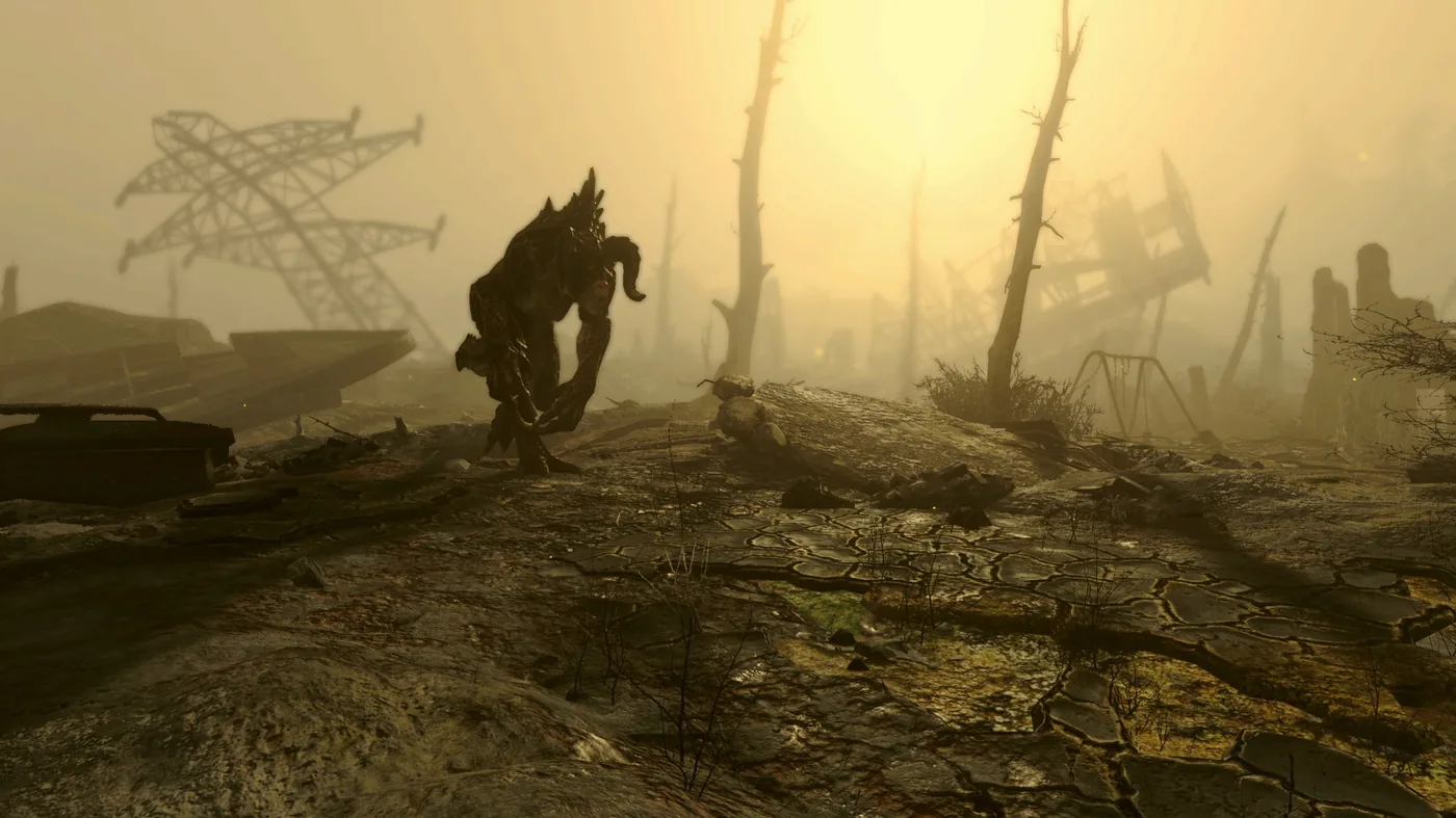 Mer Luminescente (Glowing Sea) du Commonwealth Fallout 4 avec un Écorcheur sous ciel irradié