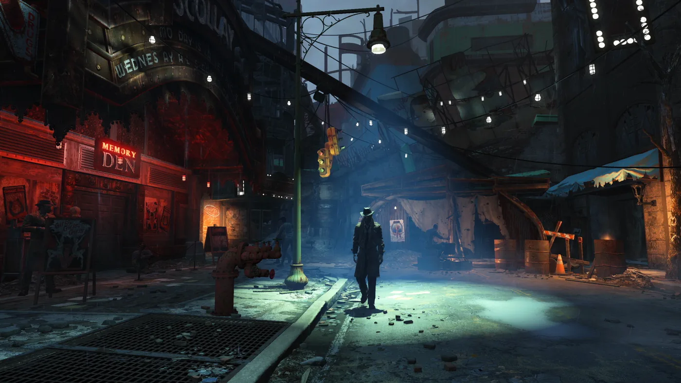 Goodneighbor dans le Commonwealth de Fallout 4, rue nocturne près du Memory Den