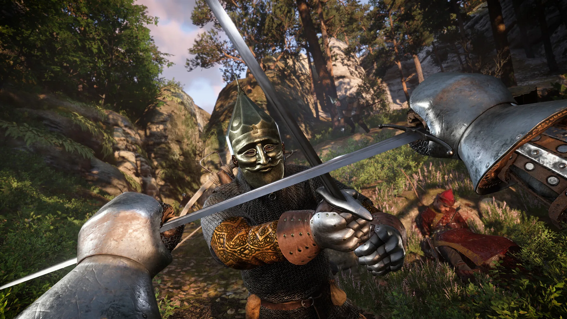 Kingdom Come Deliverance 2 astuces : combat à l'épée en vue subjective contre un soldat en armure