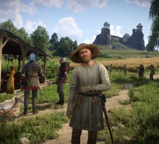 Kingdom Come Deliverance 2 astuces : Henry dans un village de Bohême au pied d'un château