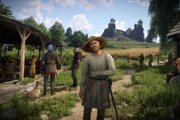 Kingdom Come Deliverance 2 astuces : Henry dans un village de Bohême au pied d'un château