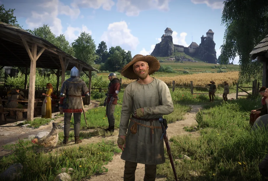 Kingdom Come Deliverance 2 astuces : Henry dans un village de Bohême au pied d'un château