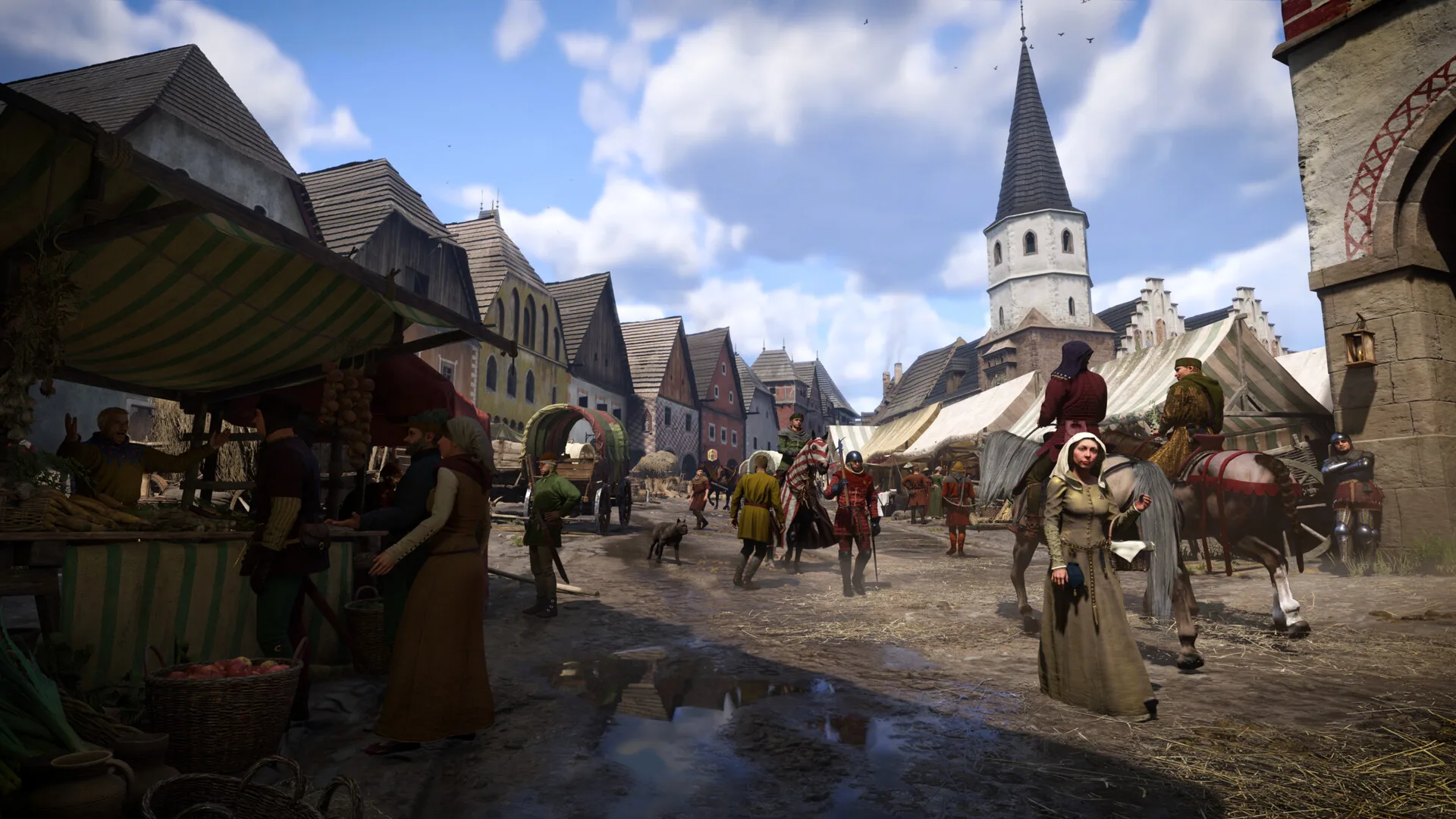 Kingdom Come Deliverance 2 astuces : rue animée d'une ville médiévale avec son église