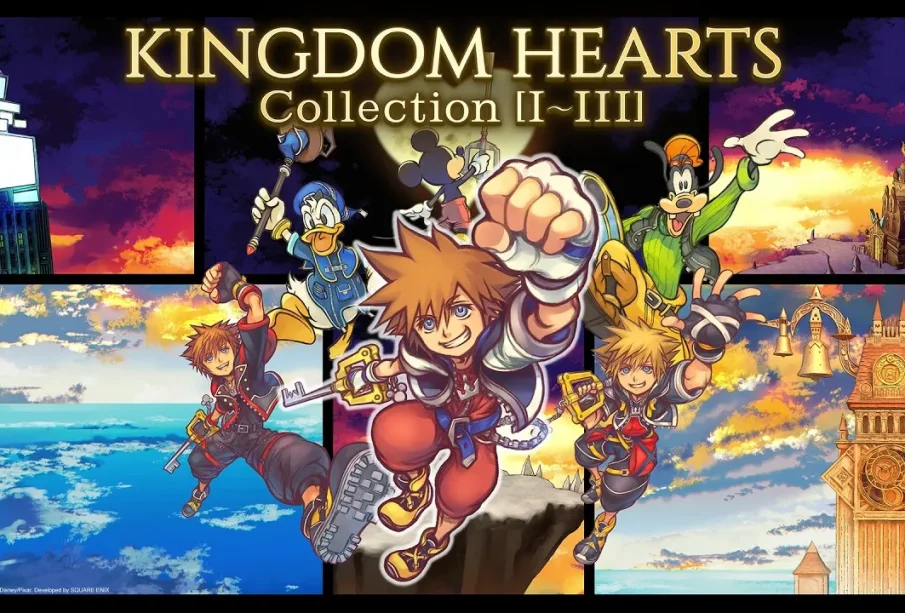 Visuel officiel de Kingdom Hearts Collection I-III avec Sora, Donald et Dingo