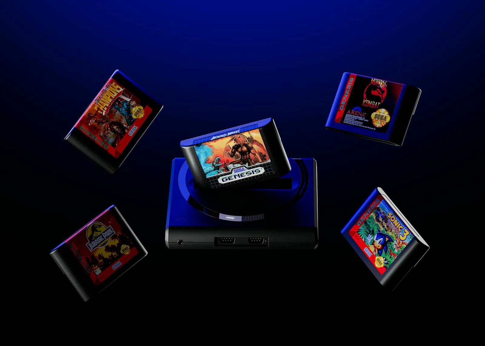 Mega Sg+ d’Analogue entourée de cartouches Mega Drive