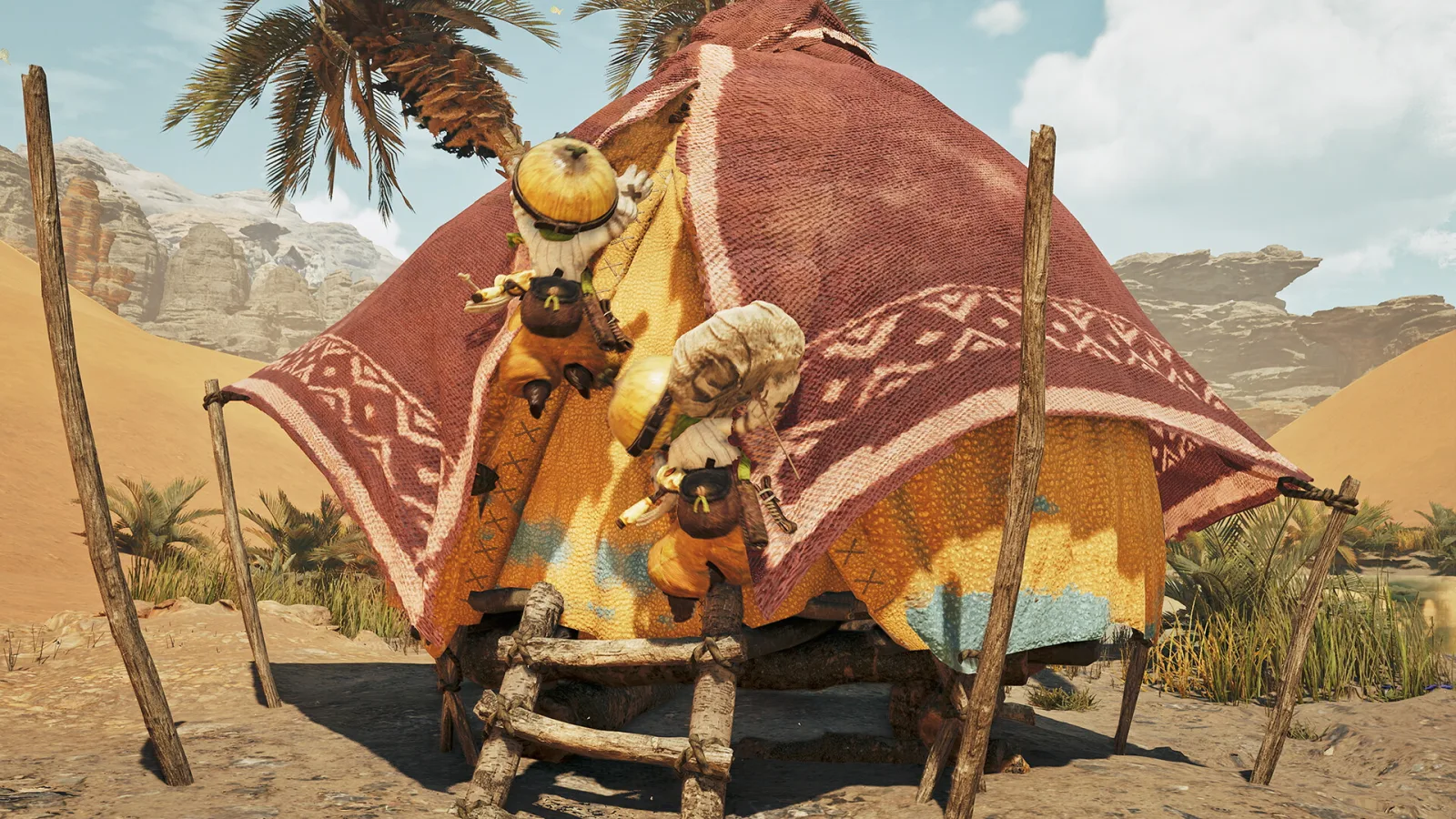 Monster Hunter Wilds camps provisoires Palico tente désert