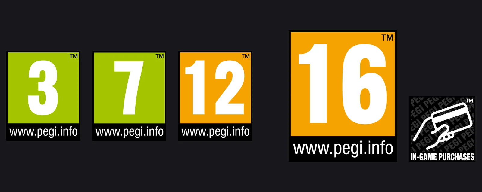 Logos PEGI 3, 7 et 12 à côté du logo PEGI 16 et du pictogramme achats en jeu, reclassement loot boxes