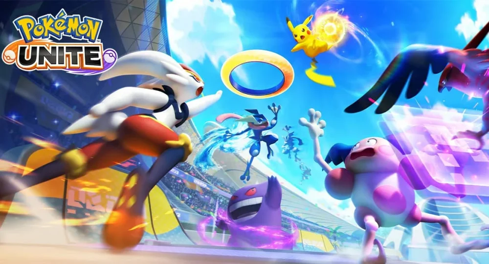 Key art de Pokémon UNITE avec Pyrobut, Amphinobi, Pikachu et Ectoplasma, fin du service