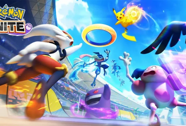 Key art de Pokémon UNITE avec Pyrobut, Amphinobi, Pikachu et Ectoplasma, fin du service