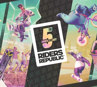 Key art du 5e anniversaire de Riders Republic, jeu qui arrive sur Switch 2 avec un mode hors ligne
