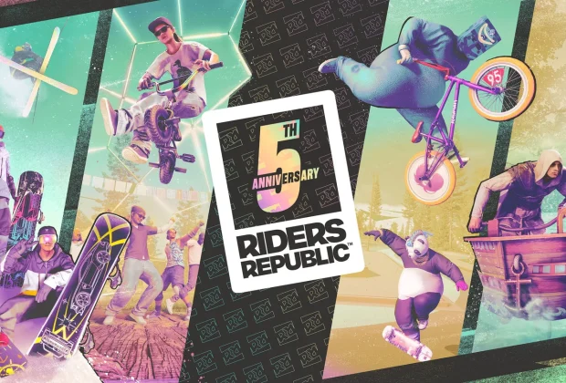 Key art du 5e anniversaire de Riders Republic, jeu qui arrive sur Switch 2 avec un mode hors ligne