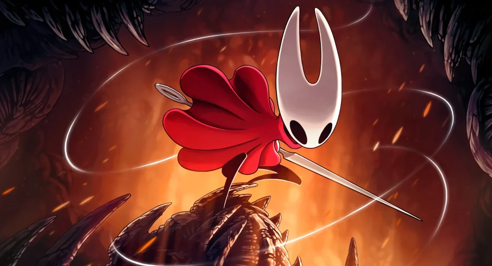 Silksong emblèmes : Hornet brandit son aiguille sur l'artwork officiel du jeu