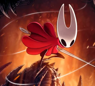Silksong emblèmes : Hornet brandit son aiguille sur l'artwork officiel du jeu