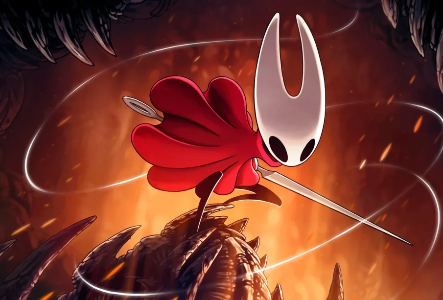 Silksong emblèmes : Hornet brandit son aiguille sur l'artwork officiel du jeu
