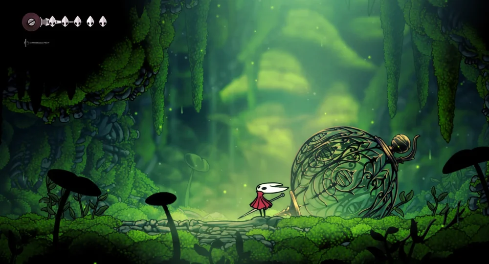 Hornet explore une grotte de mousse, Silksong fragments de masque