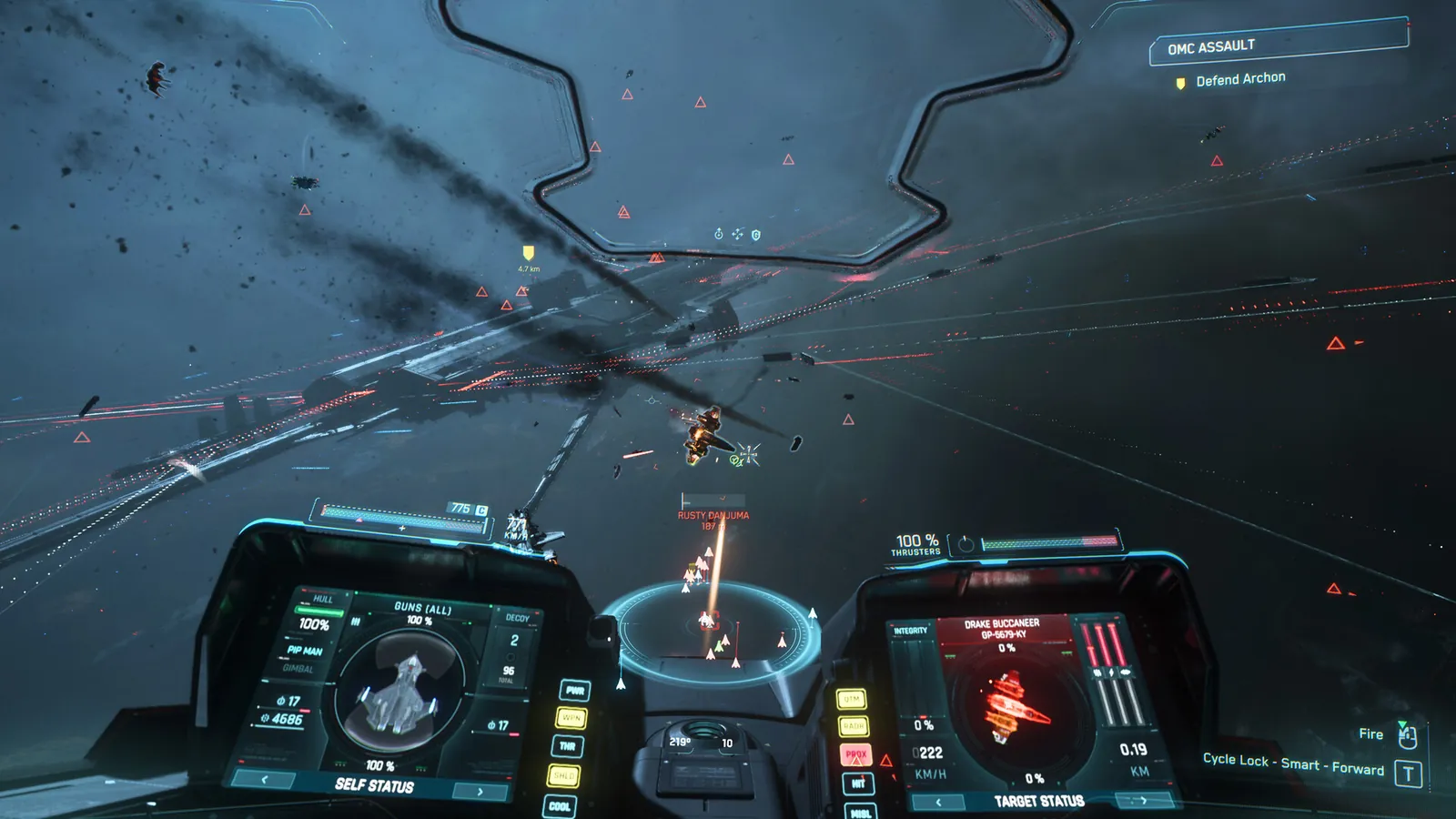 Cockpit en plein combat spatial dans Squadron 42