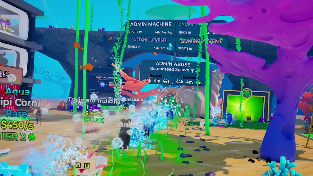 Code Steal the Brainrot Fortnite : panneaux Admin Abuse et Admin Machine au centre de la map