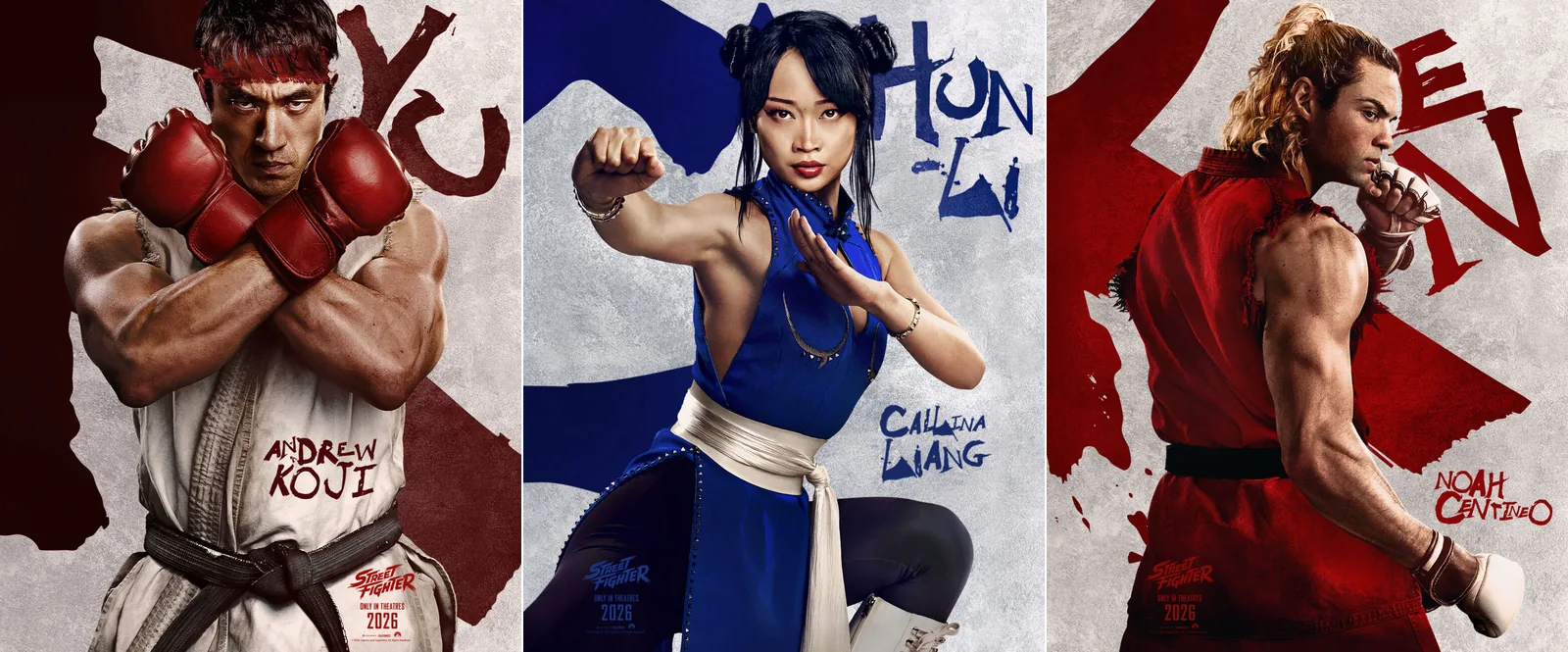 Affiches personnages du film Street Fighter : Andrew Koji en Ryu, Callina Liang en Chun-Li et Noah Centineo en Ken