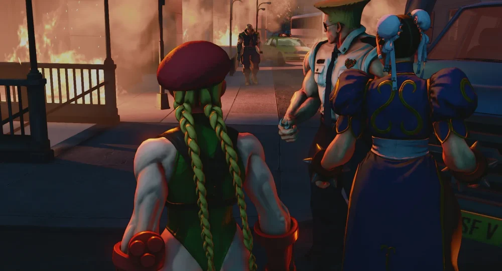 Cammy, Guile et Chun-Li dans Street Fighter V, jeu retiré de la vente