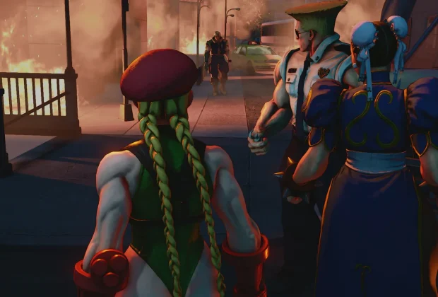Cammy, Guile et Chun-Li dans Street Fighter V, jeu retiré de la vente