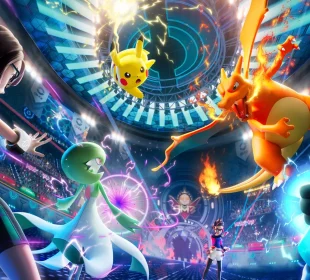 Tableau des types Pokémon : Pikachu, Dracaufeu, Gardevoir et Lucario sur l'illustration officielle de Pokémon Champions