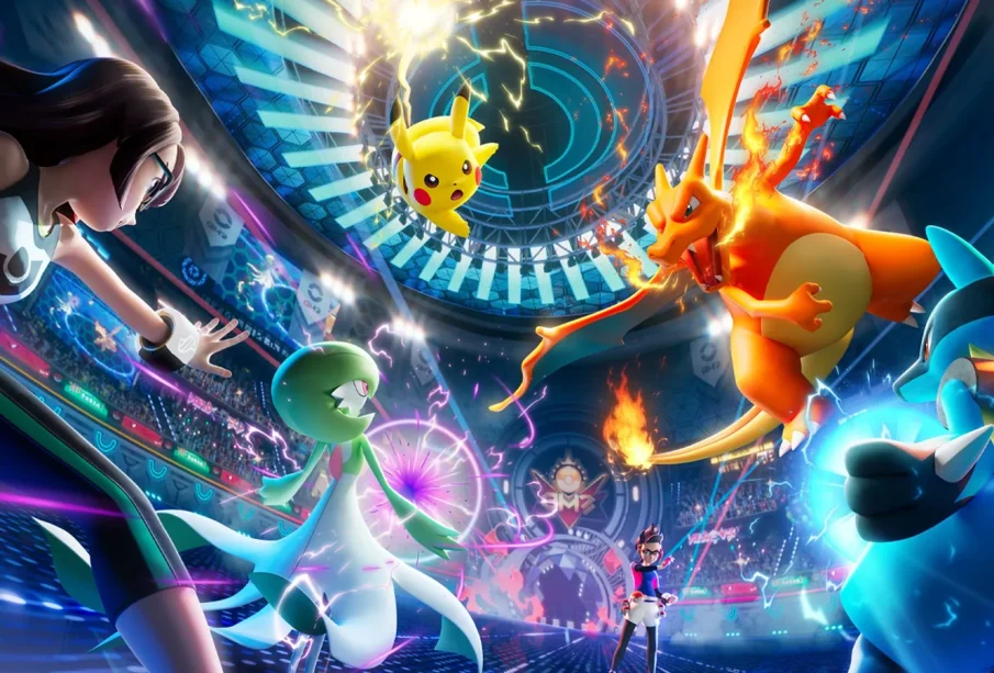 Tableau des types Pokémon : Pikachu, Dracaufeu, Gardevoir et Lucario sur l'illustration officielle de Pokémon Champions