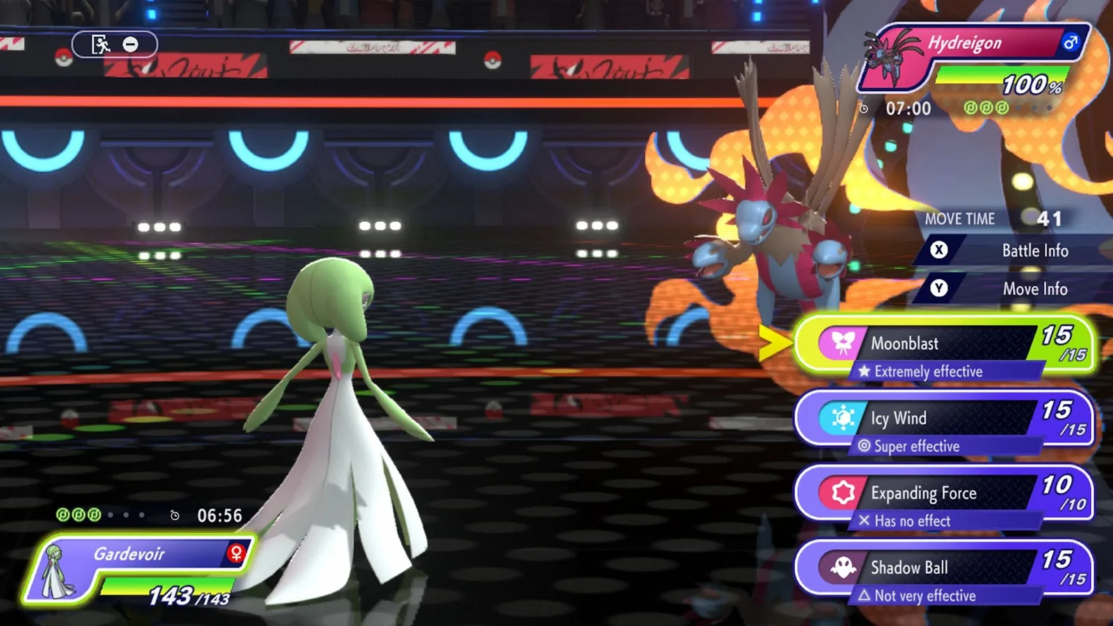 Tableau des types Pokémon en combat : Gardevoir face à Trioxhydre, capacités extrêmement efficaces, super efficaces et sans effet
