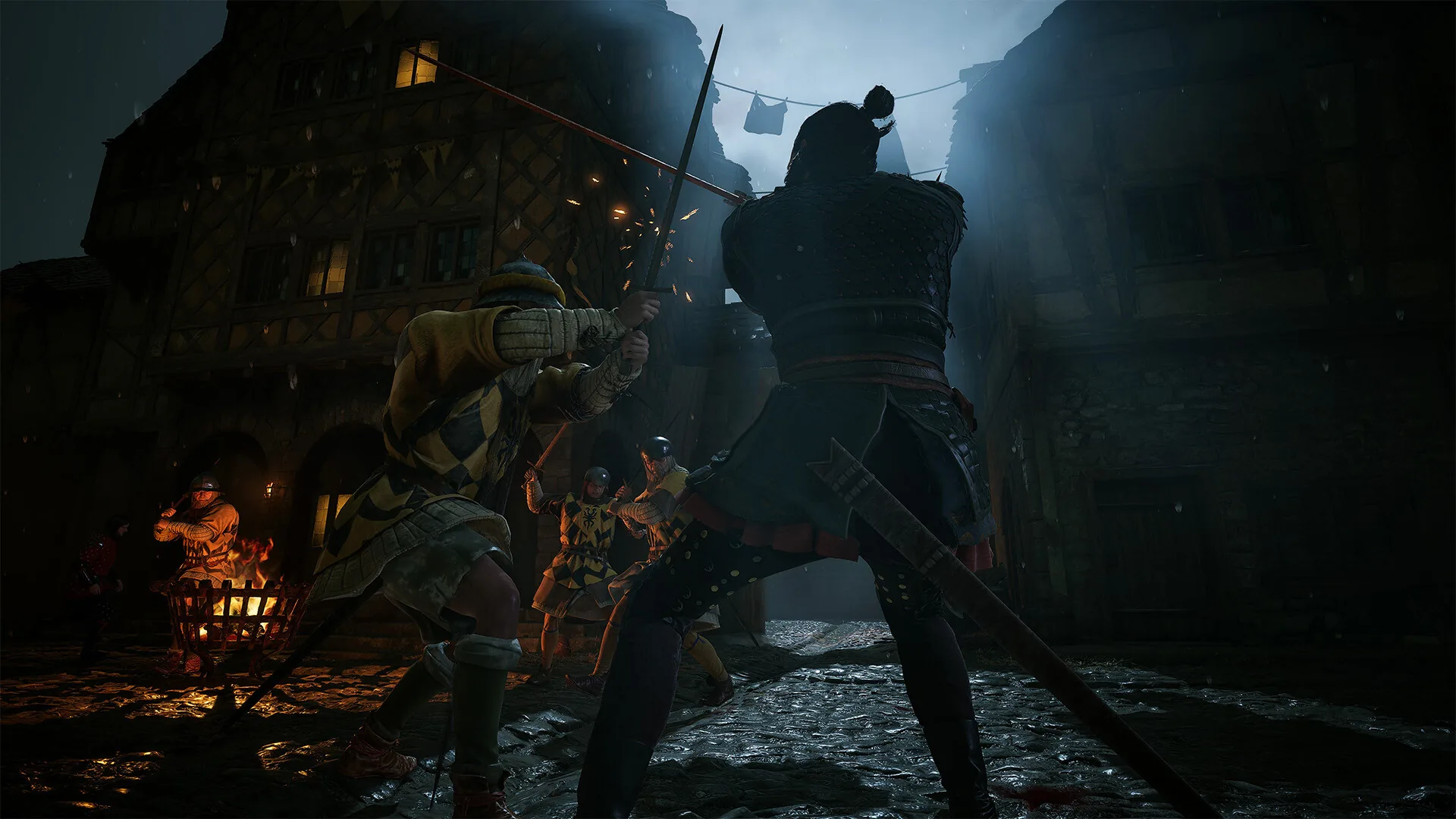 The Blood of Dawnwalker fins : combat de nuit à l'épée dans une ruelle