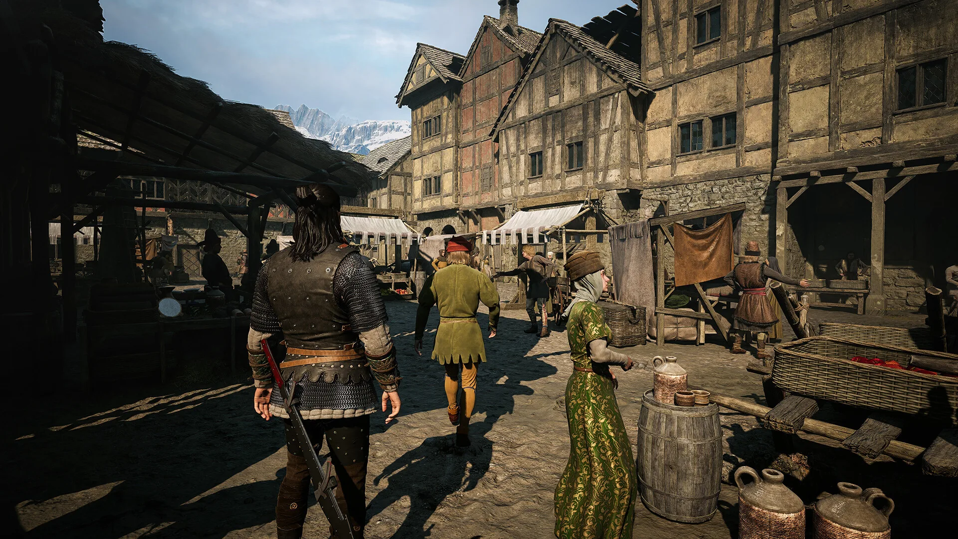 The Blood of Dawnwalker fins : une rue animée d'une ville médiévale de Val Sangora en plein jour