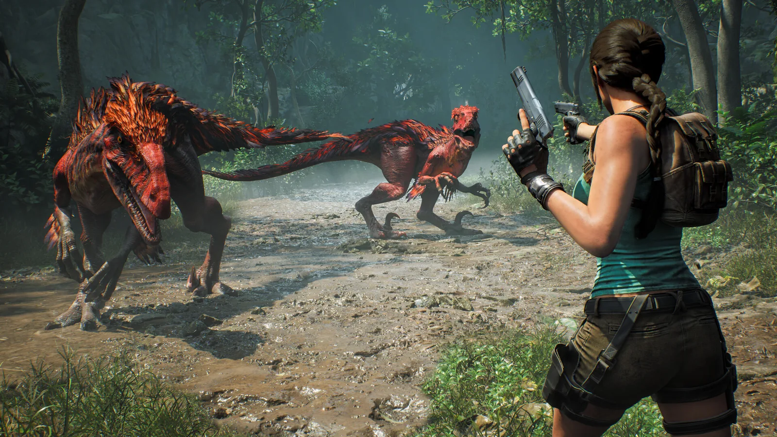 Lara Croft face à deux raptors dans la jungle du Pérou, Tomb Raider: Legacy of Atlantis