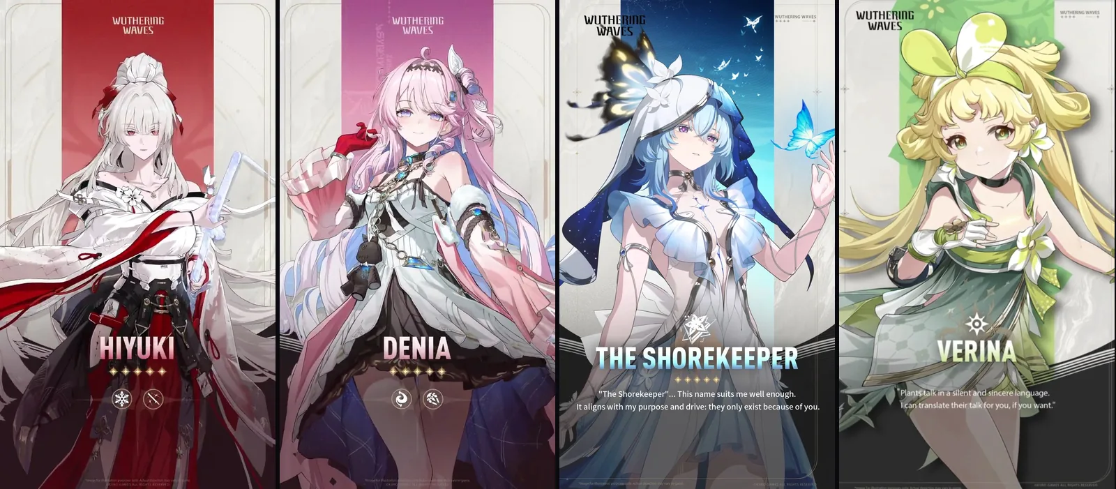 Wuwa character list : Hiyuki, Denia, Shorekeeper et Verina dans Wuthering Waves