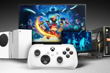 Xbox Nano : la manette compacte devant une Xbox Series, un PC et un écran affichant Minecraft Dungeons II, visuel officiel